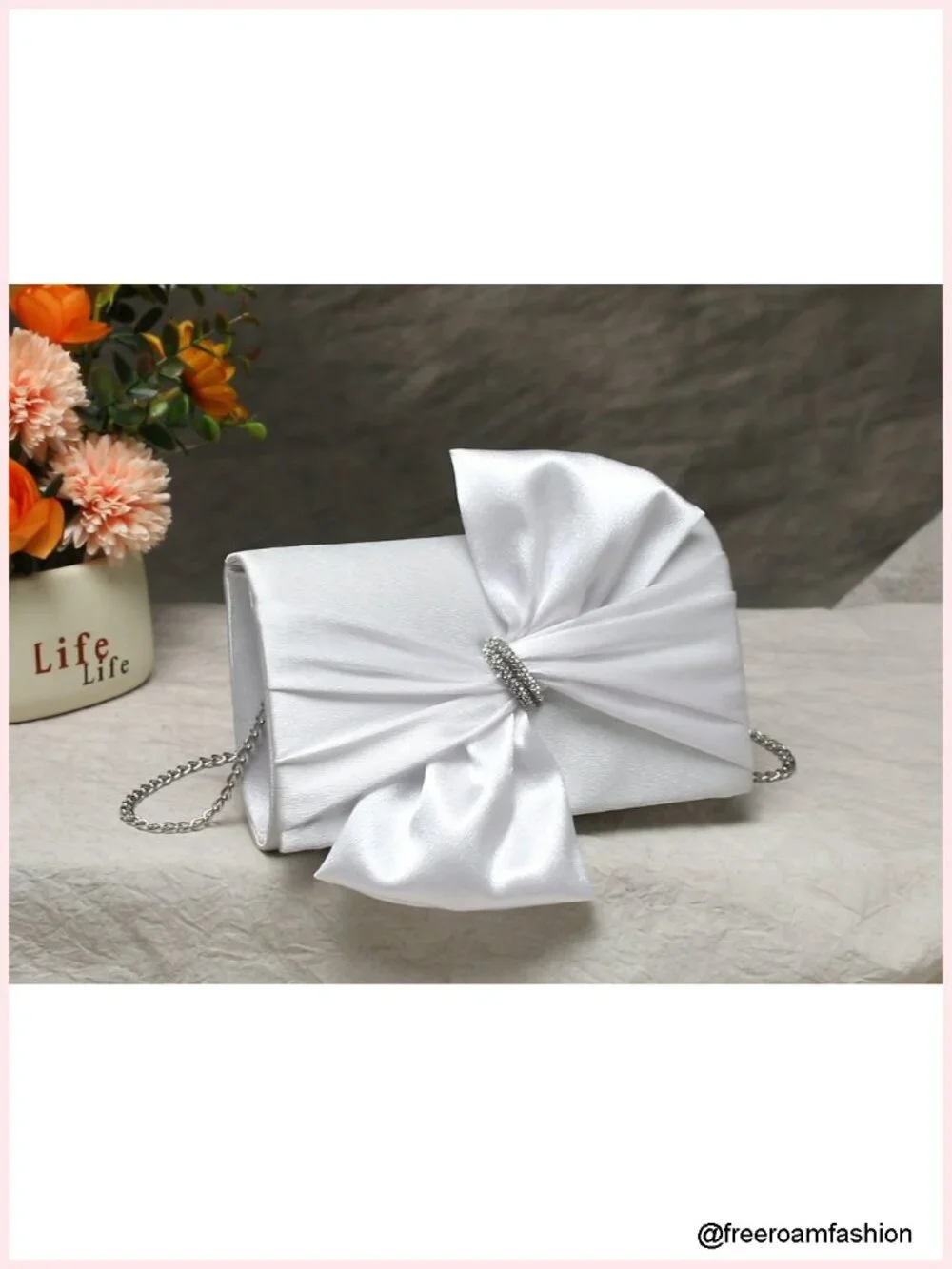 Satin Bow Flap Evening Bag Rhinestone Clutch Purse with Chain Strap
